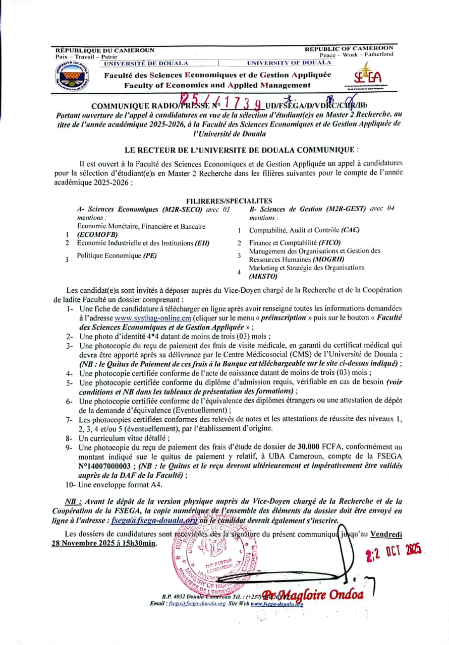 Communiqué portant ouverture de l'appel à candidature sélection Master 2 Recherche FSEGA 2025-2026